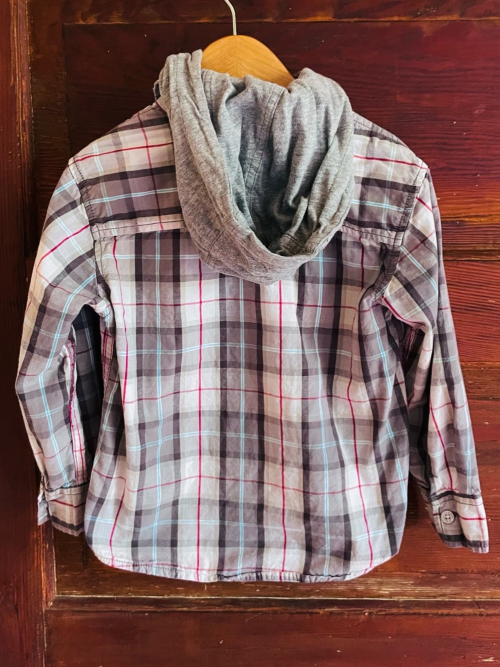 Detachable Hood! Awesome Details! Plaid Shirt, Red Stitching, Chest Pockets